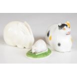 Chamberlains Worcester recumbent cat and mouse and Royal Worcester rabbit, all marked to