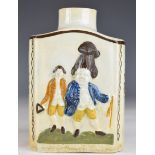 A late 18thC Prattware tea caddy with relief decoration of figures, probably King George III and
