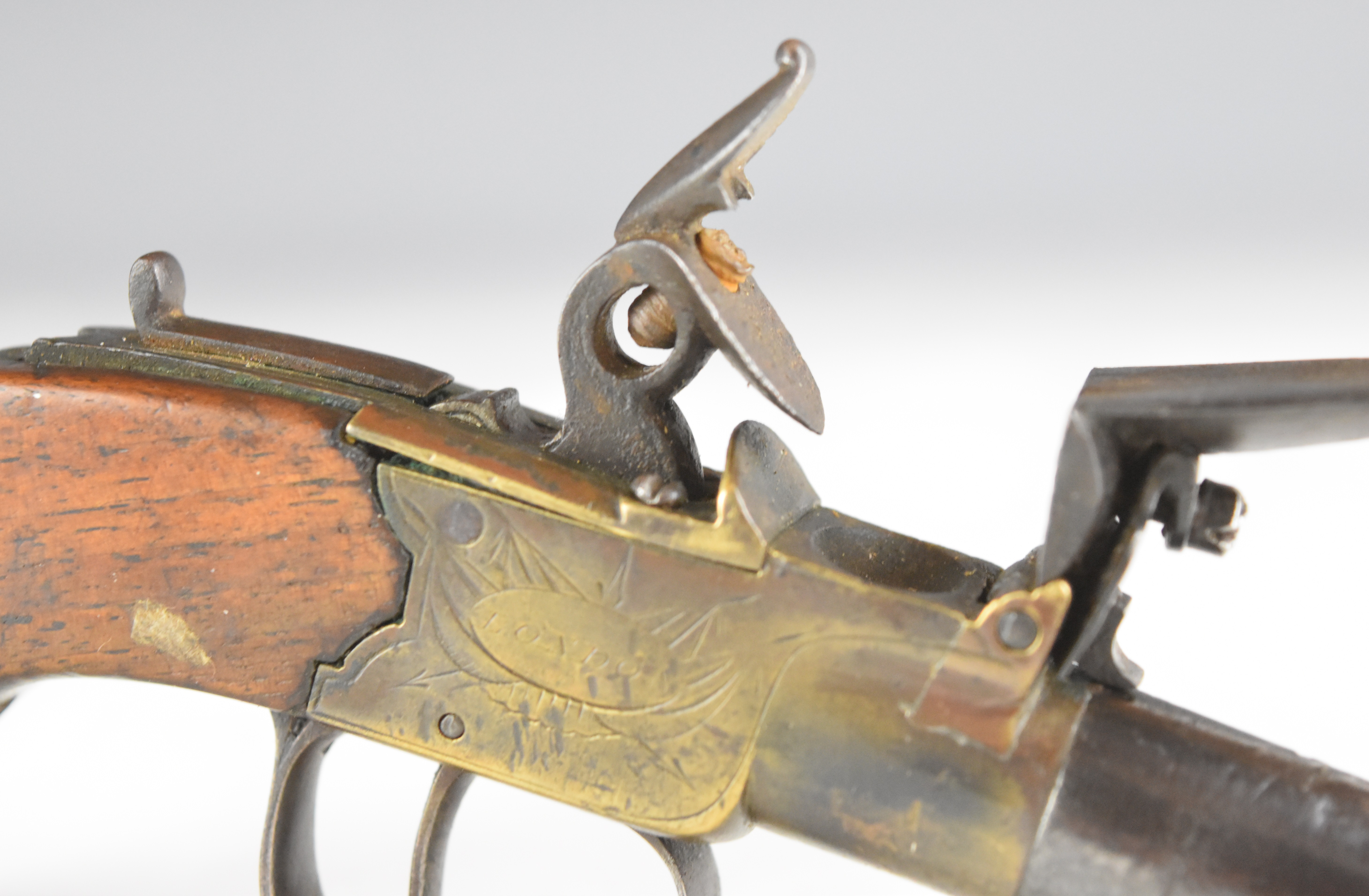 Rea of London flintlock pocket pistol with named and engraved brass lock, thumb slide safety, shaped - Image 10 of 11
