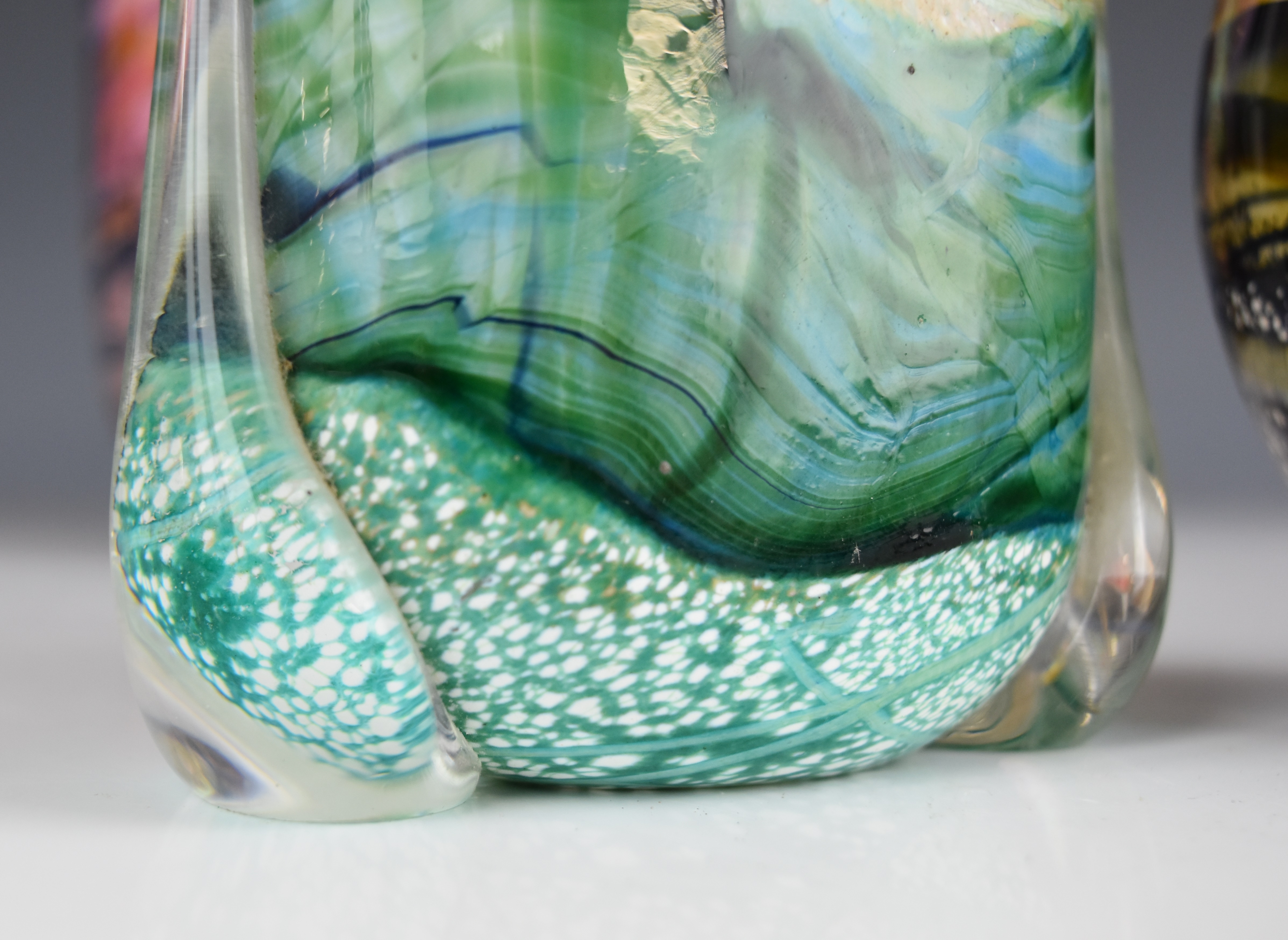 Five pieces of Gozo glass comprising four vases and a scent bottle, some with iridescent - Image 4 of 7