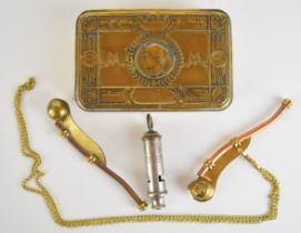 WW1 Princess Mary Christmas tin, together with two bosun's whistles and an ARP Hudson and Co whistle