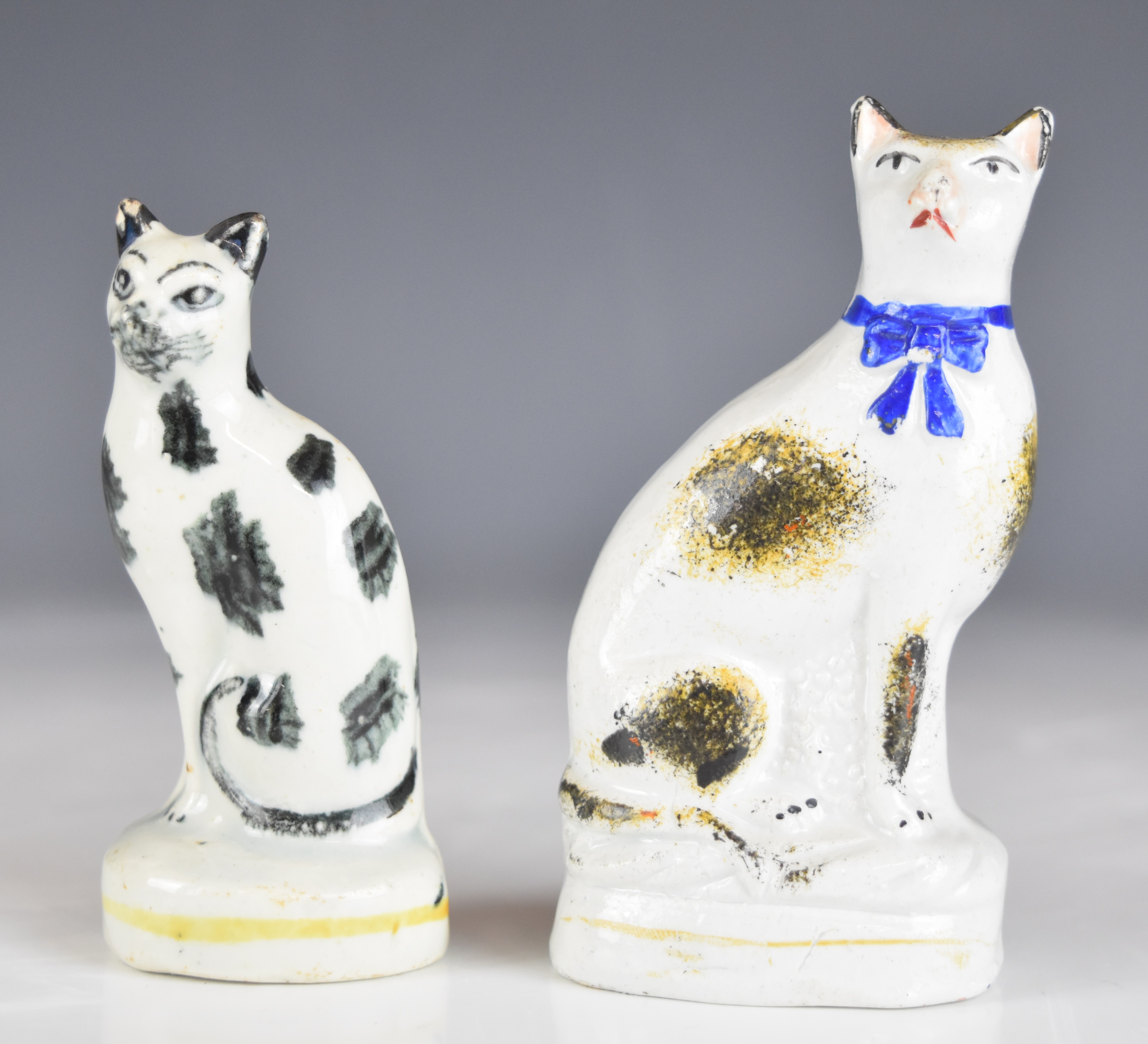 19thC miniature Staffordshire and salt glazed stoneware cat and dog figures including a cat with - Image 4 of 8