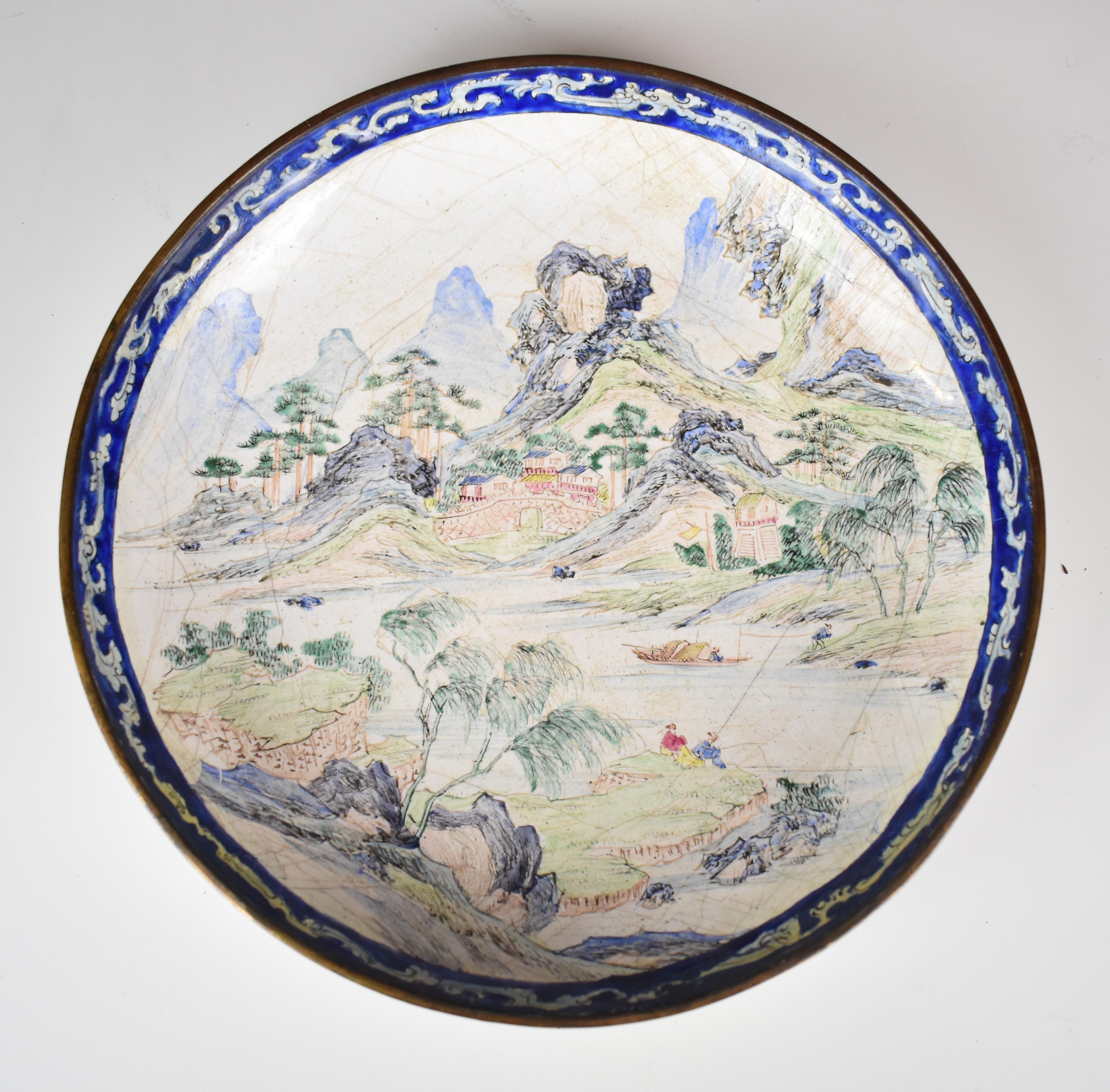 18th / 19thC Chinese enamelled metal dish with decoration of river, mountain and fishing figures and - Image 4 of 6