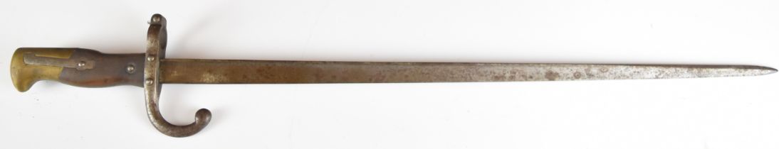 French 1874 pattern Gras bayonet with downswept quillon, wooden grips, external leaf spring and 52cm