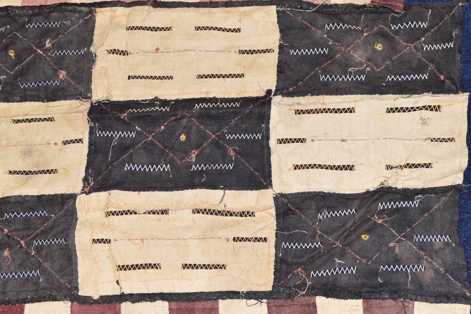 Four probably late 19th / 20thC African tribal embroidered tapestries or wall hangings with - Image 3 of 10