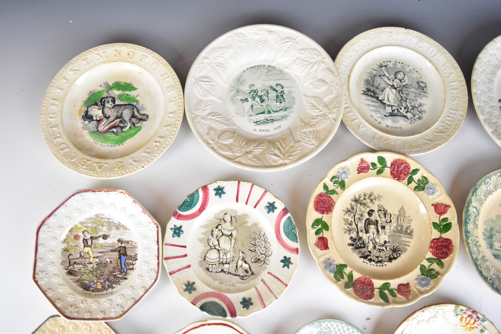 19thC nursery ware plates, mostly featuring dogs / children including The Romp, Docility, My Noble - Image 5 of 8