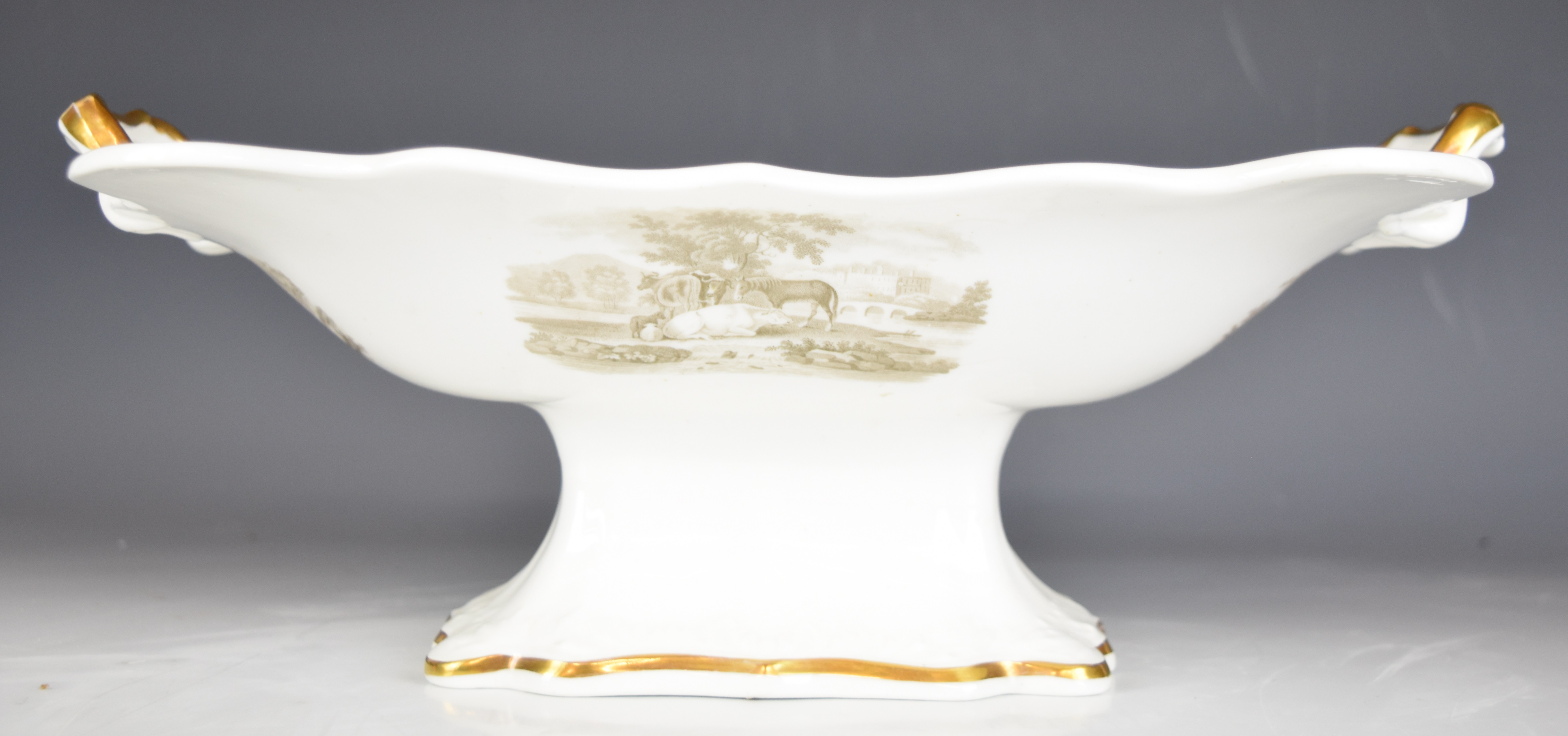 19thC twin handled pedestal comporte with bat print decoration of pastoral scenes and relief moulded - Image 5 of 7