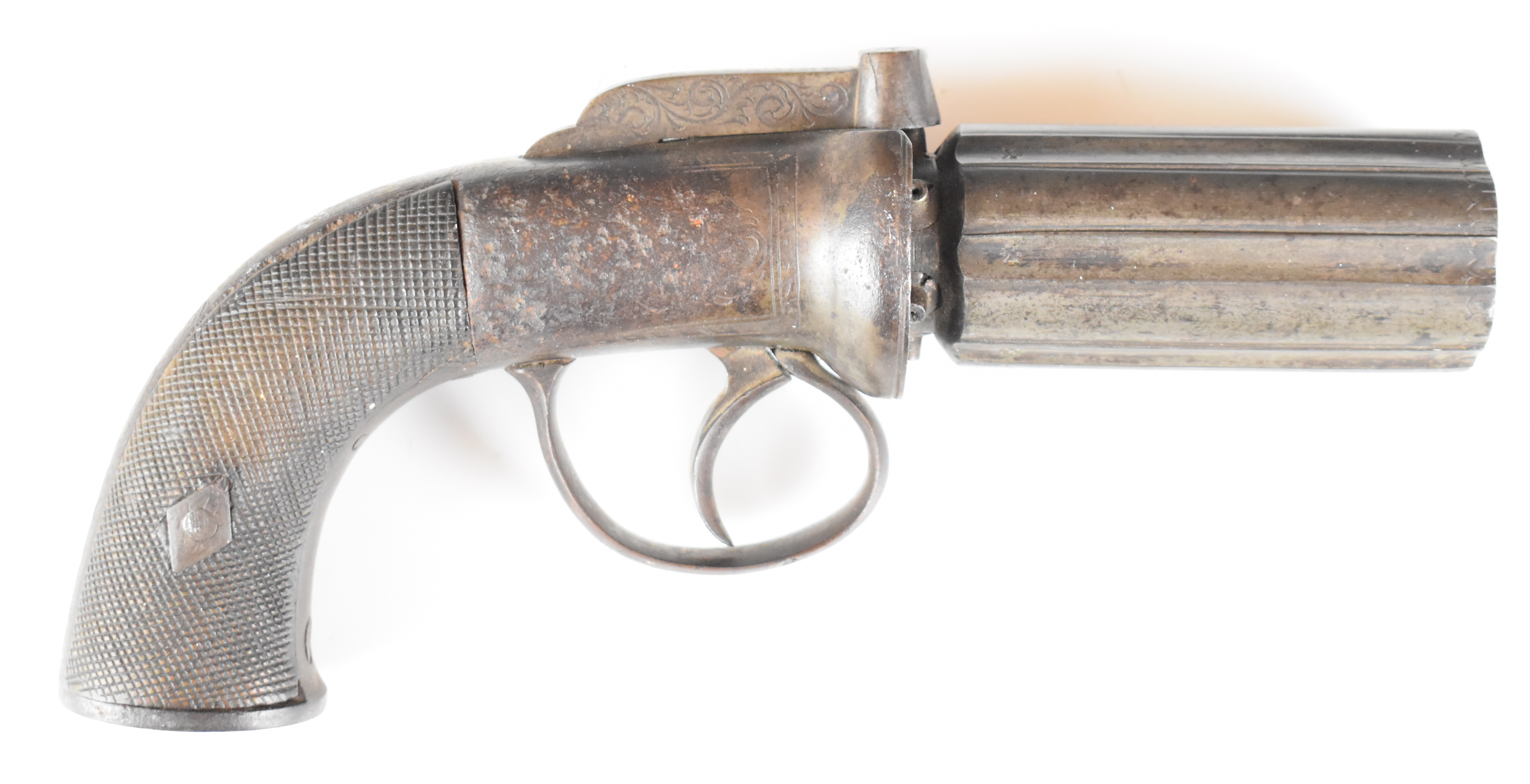 Unnamed six-shot bar hammer action percussion pepperbox revolver or pistol with engraved lock, top - Image 3 of 15