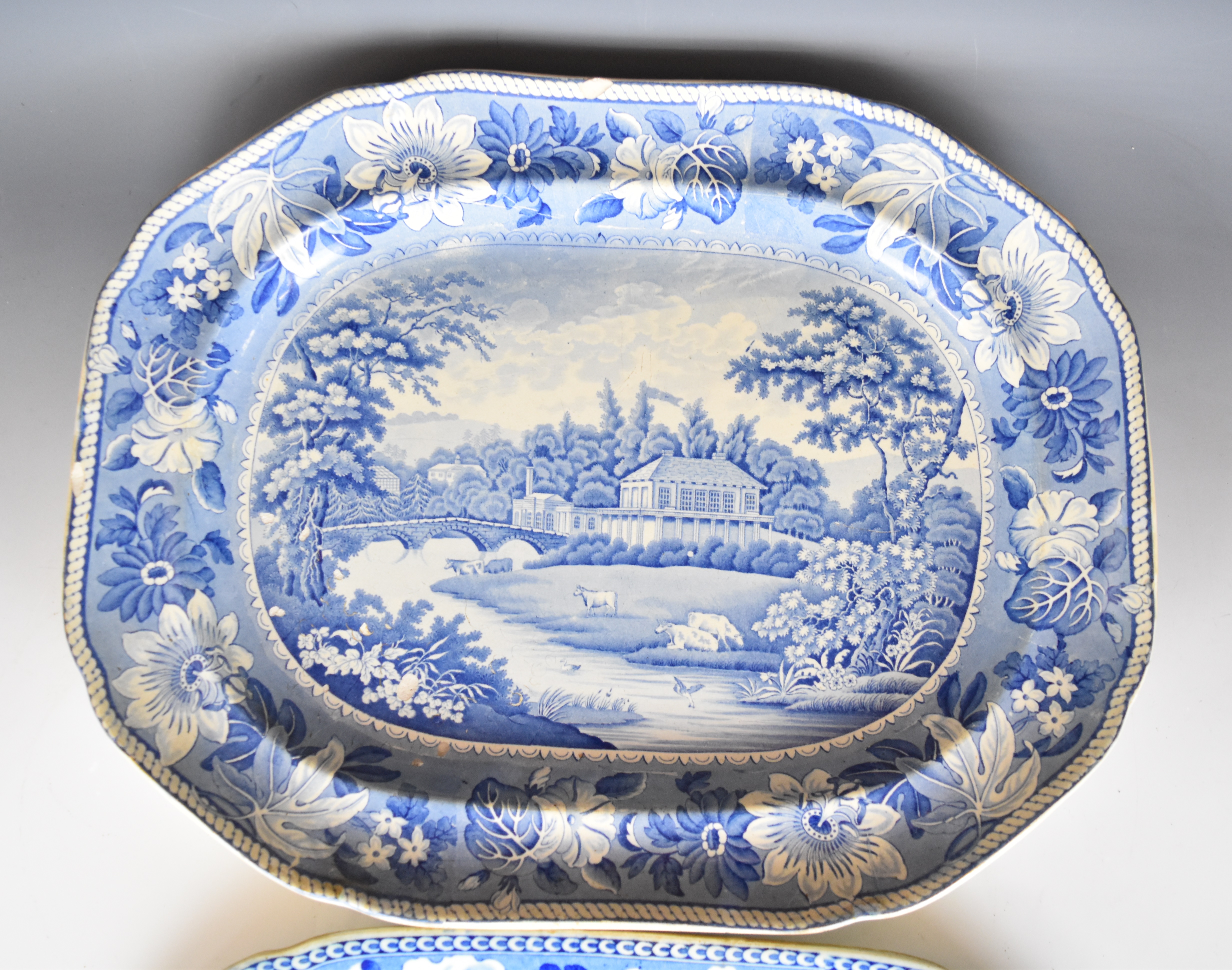 Two large 19thC blue and white transfer printed meat platters comprising Lowther Castle - Image 9 of 14