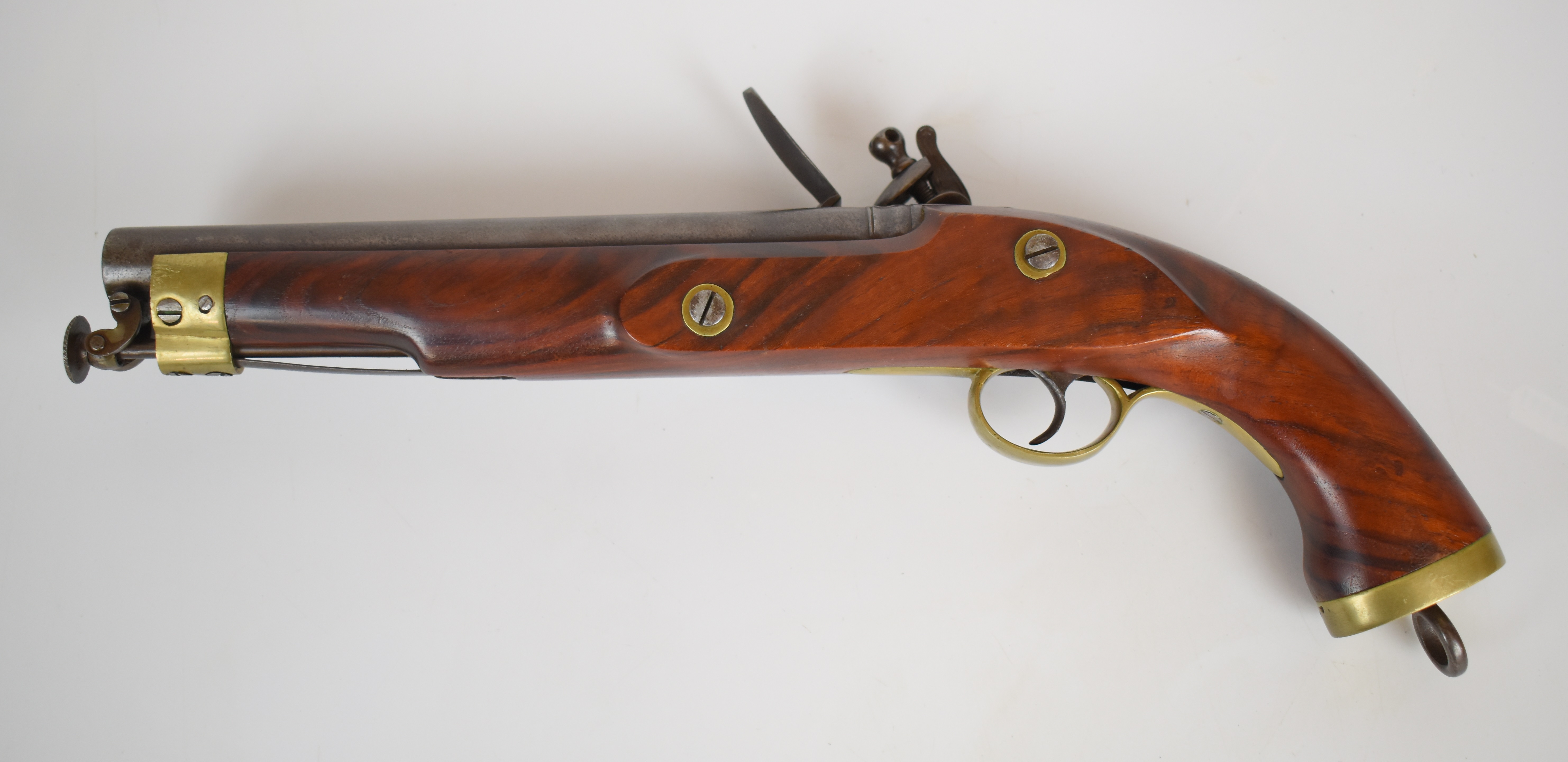 Replica flintlock pistol with lock stamped 'Manton', brass trigger guard, butt plate and mounts, - Bild 3 aus 4