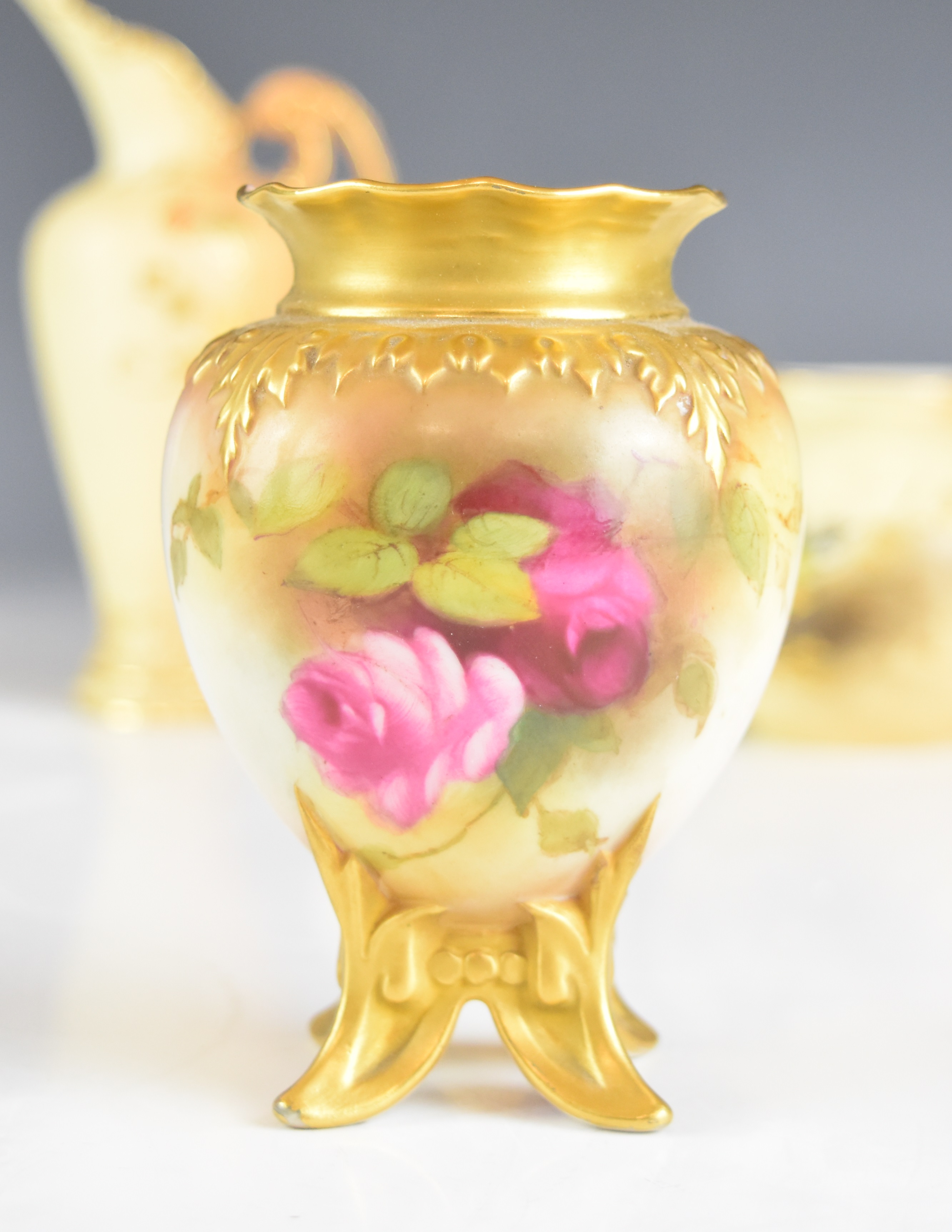 Four Royal Worcester blush ivory footed vases and ewers including one with decoration of roses and - Image 2 of 24