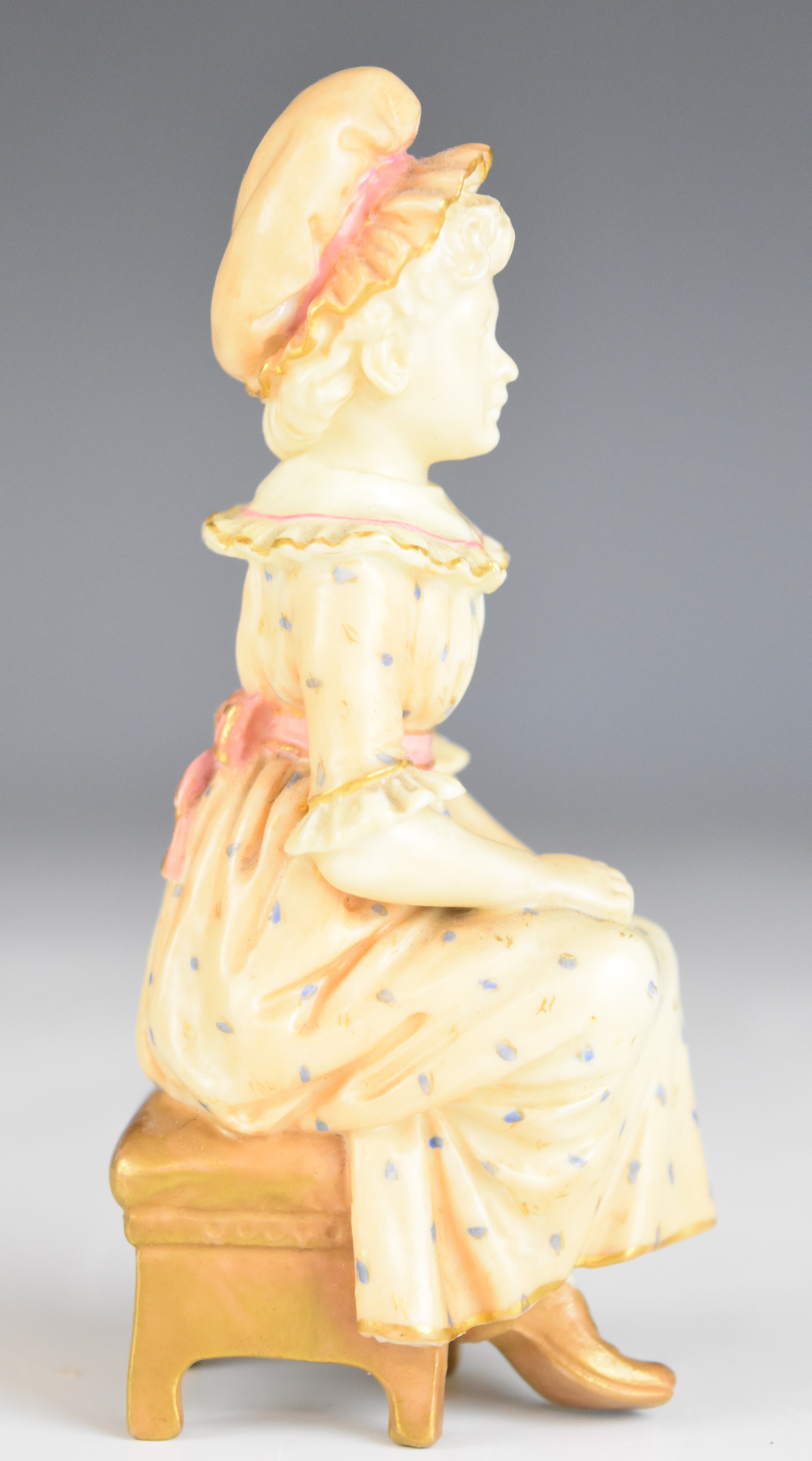Royal Worcester Kate Greenaway style seated figurine, with puce backstamp, height 10.5cm - Image 6 of 8
