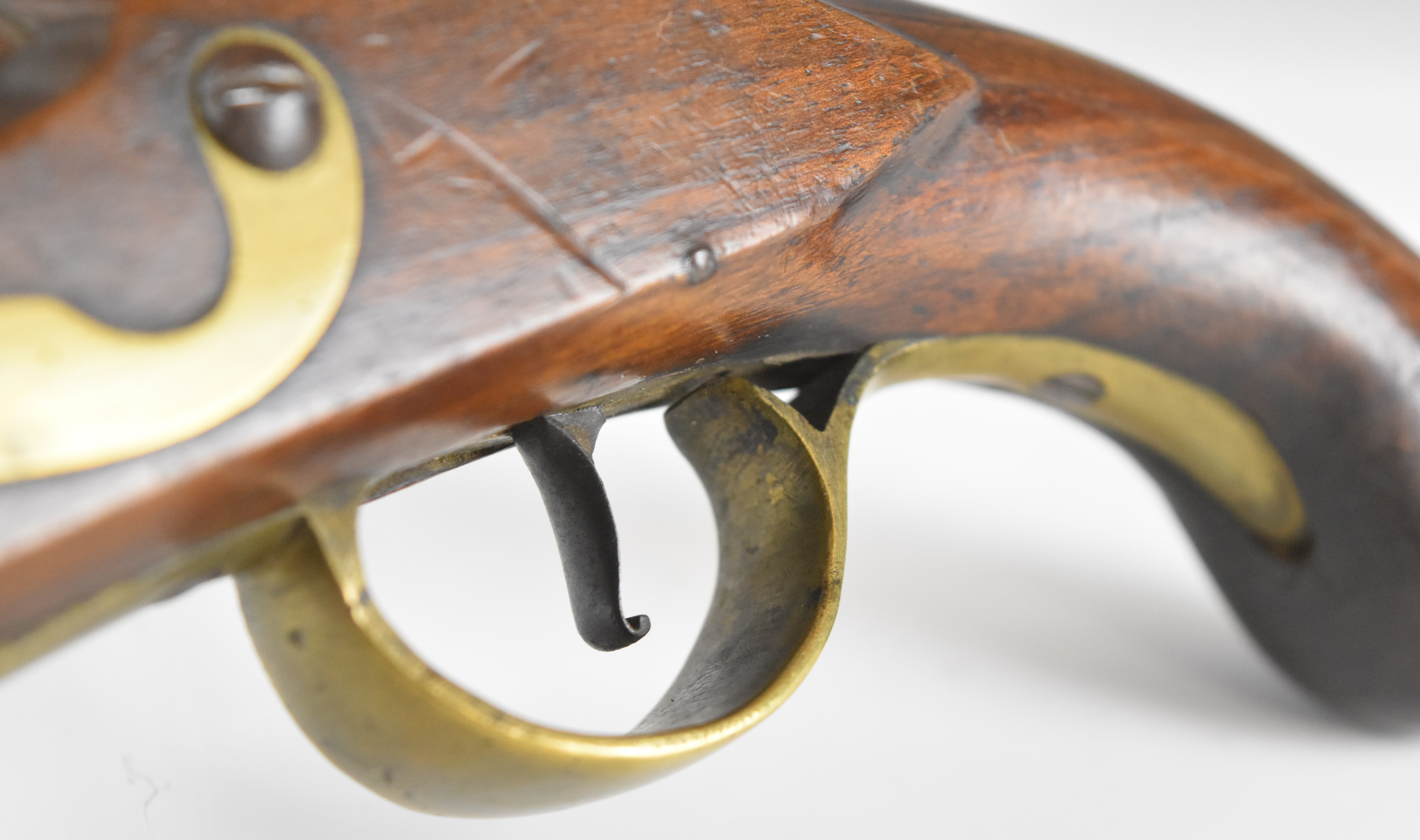 Unnamed flintlock holster pistol with brass trigger guard and mounts, wooden ram-rod and 6 inch - Image 6 of 9