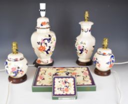 Masons decorative china, placemats and lamps, mostly decorated in the Mandalay pattern, mostly