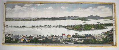 A 19thC Chinese panoramic embroidery of Tze Woo (Western Lake), Heng Chow, China, 27cm x 74cm
