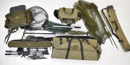 A collection of fishing accessories including large fish landing / drop nets, Fox compact