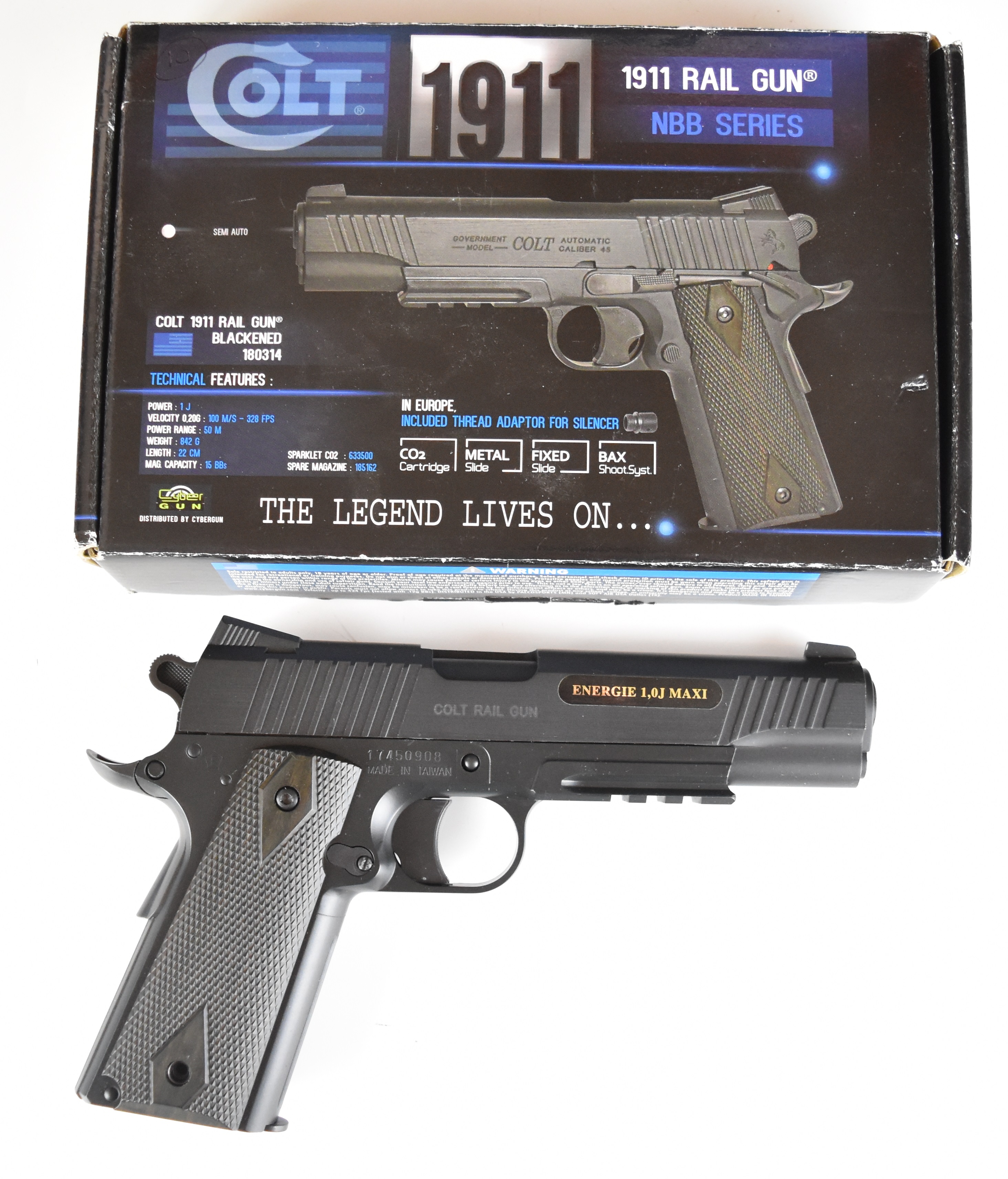 Colt 1911 Rail Gun NBB Series 6mm CO2 air pistol with chequered grips, 15 shot magazine and fixed