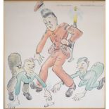 WW2 prisoner of war camp interest humorous pen ink and coloured pencil or similar cartoon, depicting