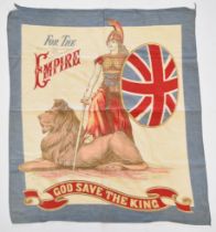 Patriotic flag 'For the Empire, God Save the King' with Britannia, shield and lion, 90 x 80cm