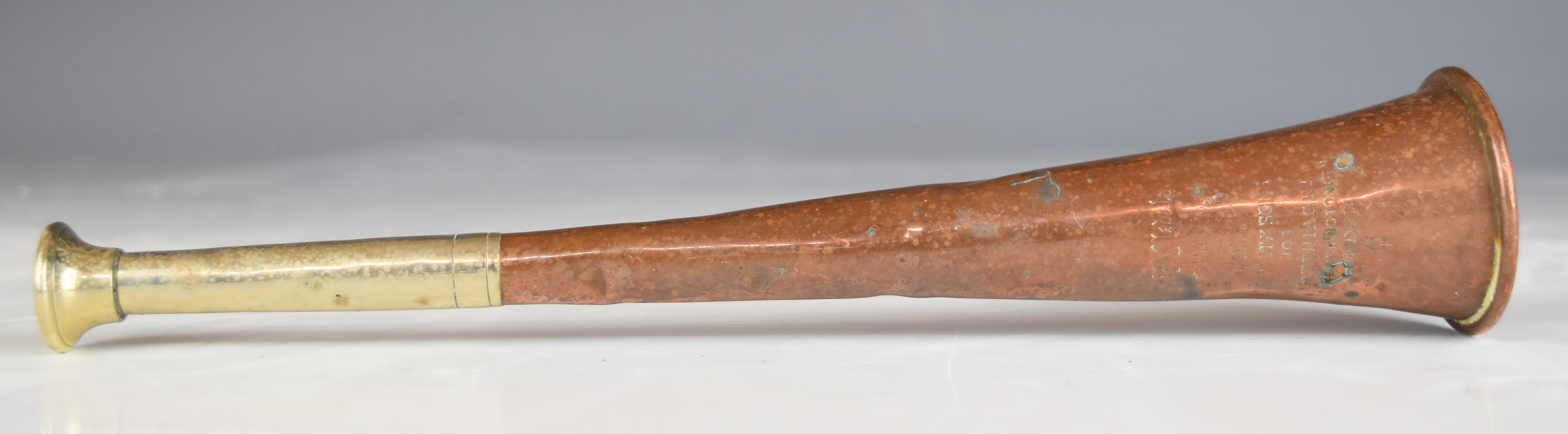 19thC copper and white metal hunting horn, stamped 'Prize medal, Henry Keat and Sons, 105 Mathias - Image 3 of 3
