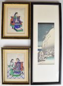 Two 19thC Chinese watercolours on rice paper of high ranking officials, and a Japanese woodblock,