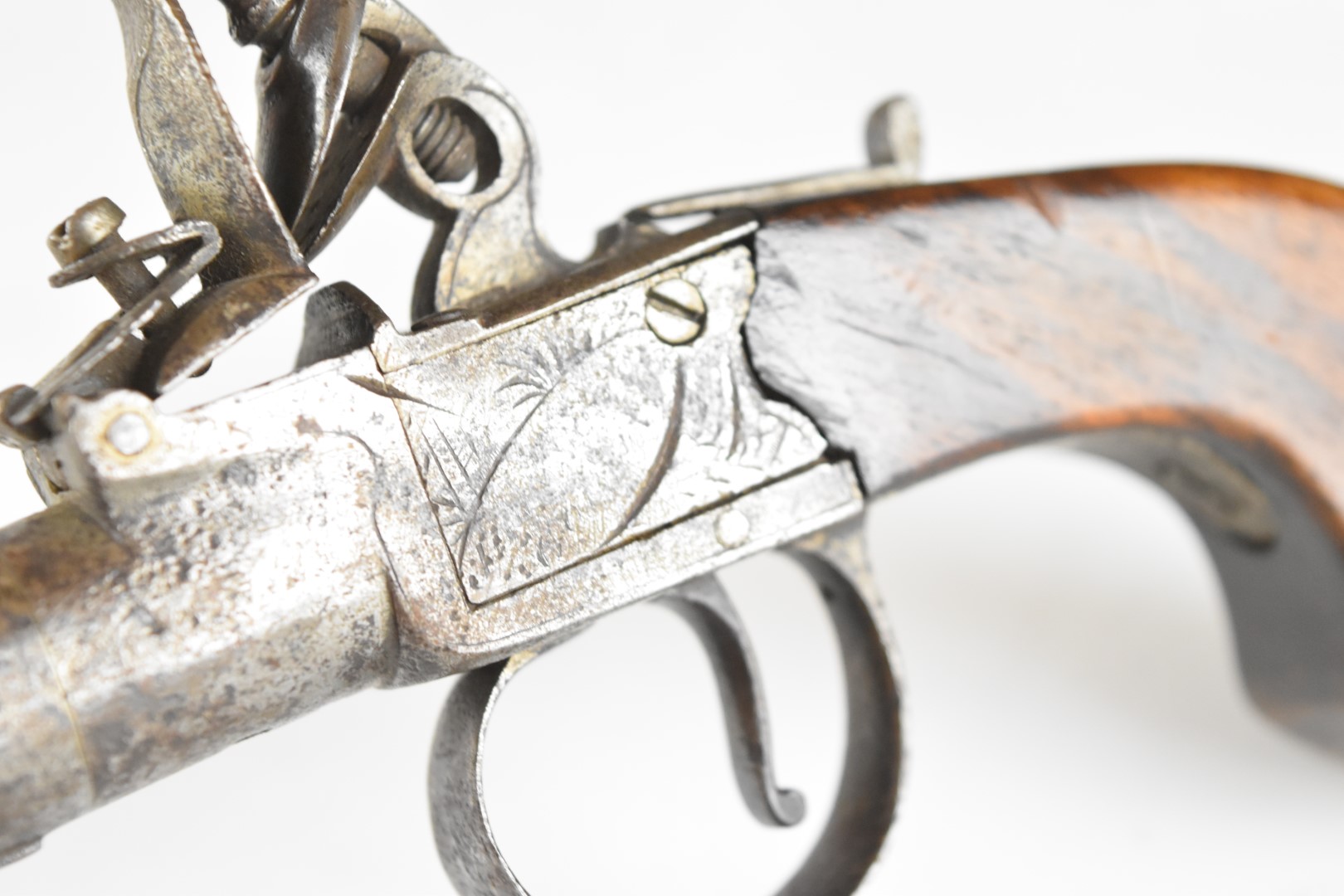 Unnamed 40 bore flintlock pocket pistol with engraved lock, wooden grip and 2 inch turn-off - Image 7 of 12