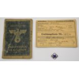 German WW2 Nazi Third Reich work book, card and hallmarked silver and enamel pin badge