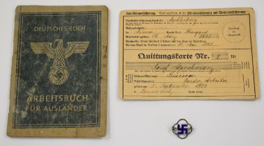 German WW2 Nazi Third Reich work book, card and hallmarked silver and enamel pin badge