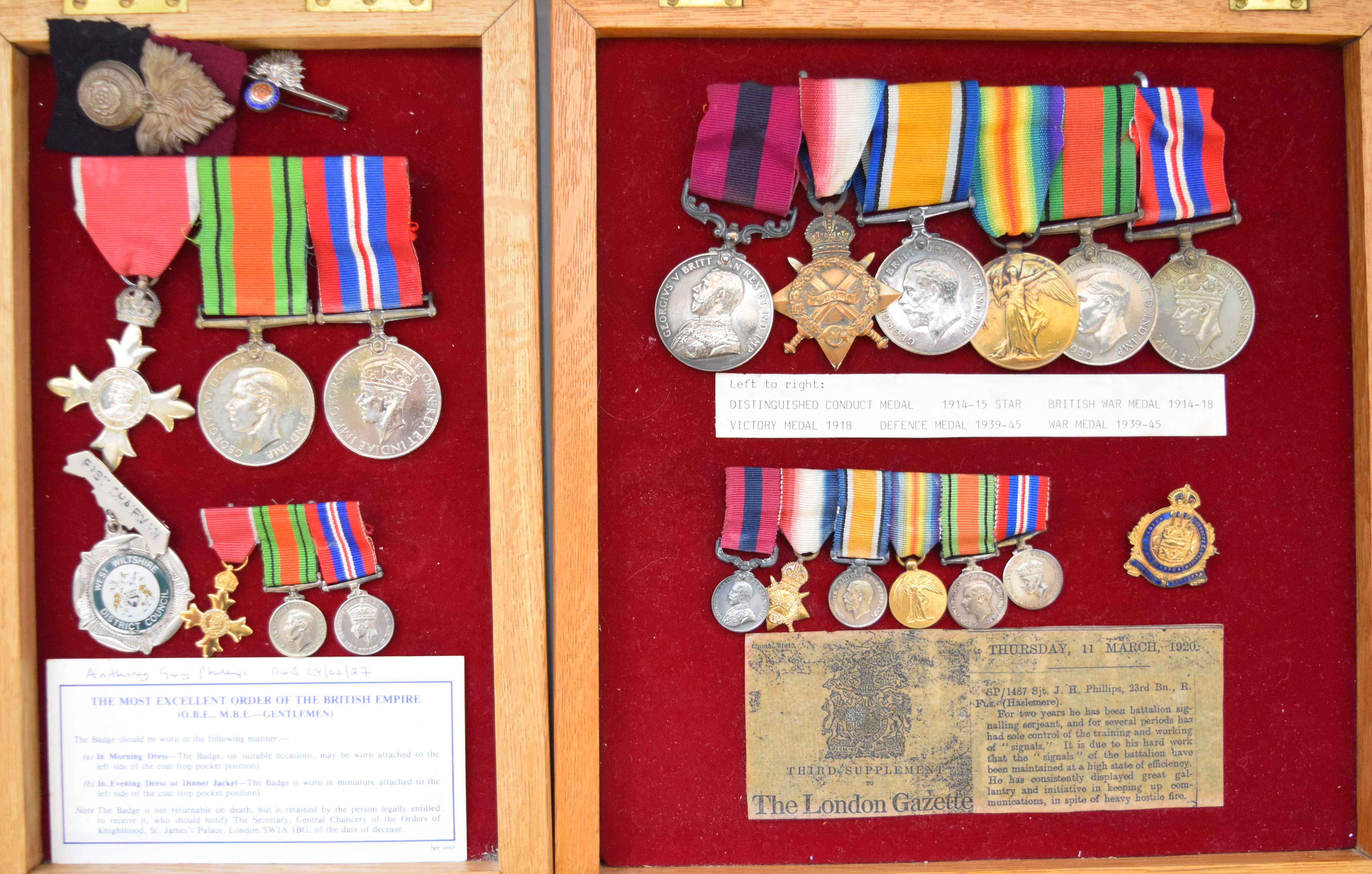 Father and son medals and associated ephemera for John Horace Philips (WW1 DCM group of six) and