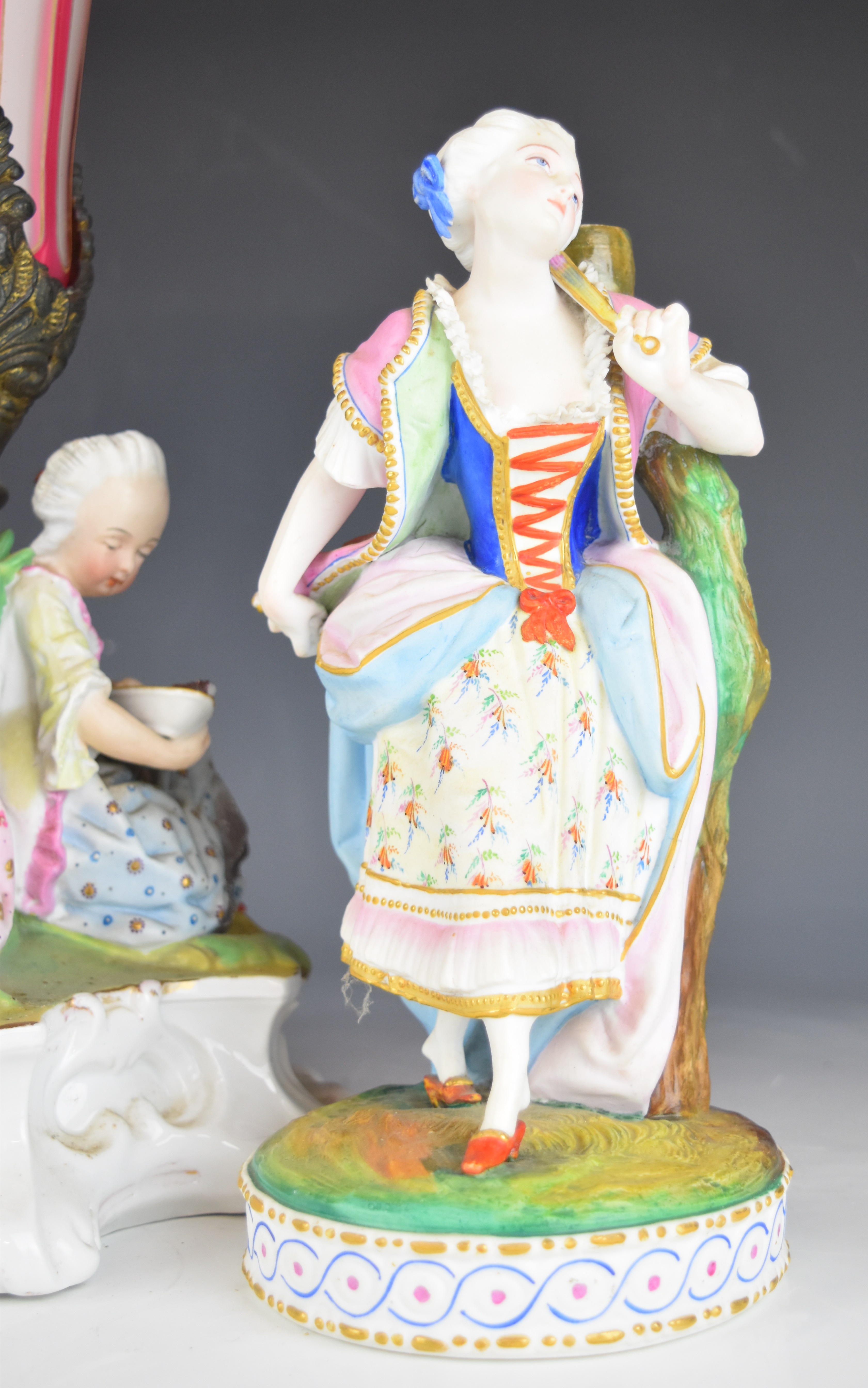 19thC German figural porcelain centrepiece with overlaid, cut and gilded flared glass insert, - Image 13 of 20