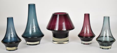 Five Tamara Aladin for Riihimaen Lasi Riihimaki or similar glass vases in aubergine and indigo blue,