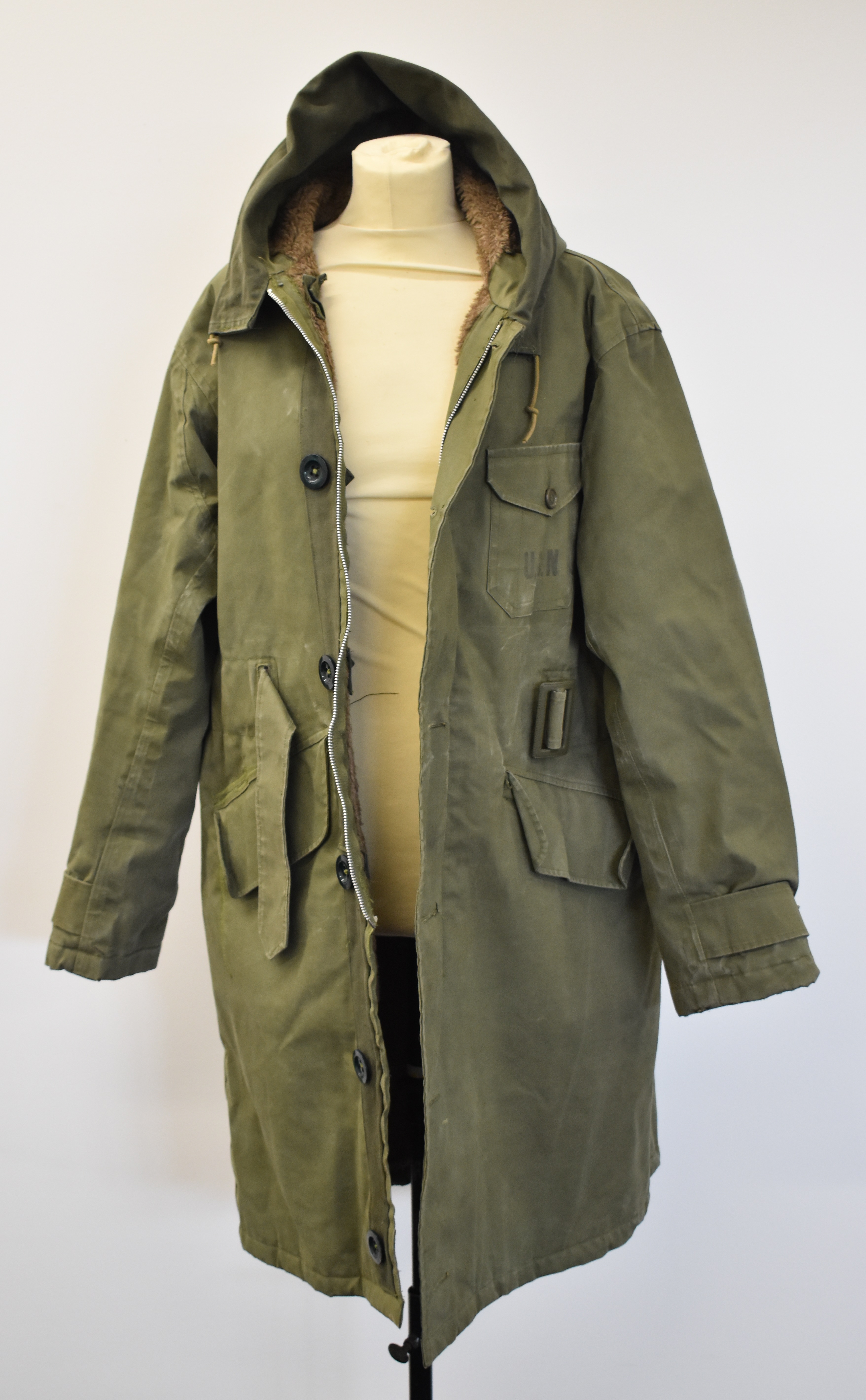 American Navy green parka with Navy Department to internal label, fleece type liner and fixed