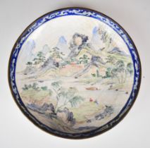 18th / 19thC Chinese enamelled metal dish with decoration of river, mountain and fishing figures and