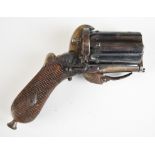 Unnamed 5mm six-shot pinfire hammer action pepperbox pistol/ revolver with chequered wooden grips,