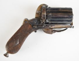 Unnamed 5mm six-shot pinfire hammer action pepperbox pistol/ revolver with chequered wooden grips,