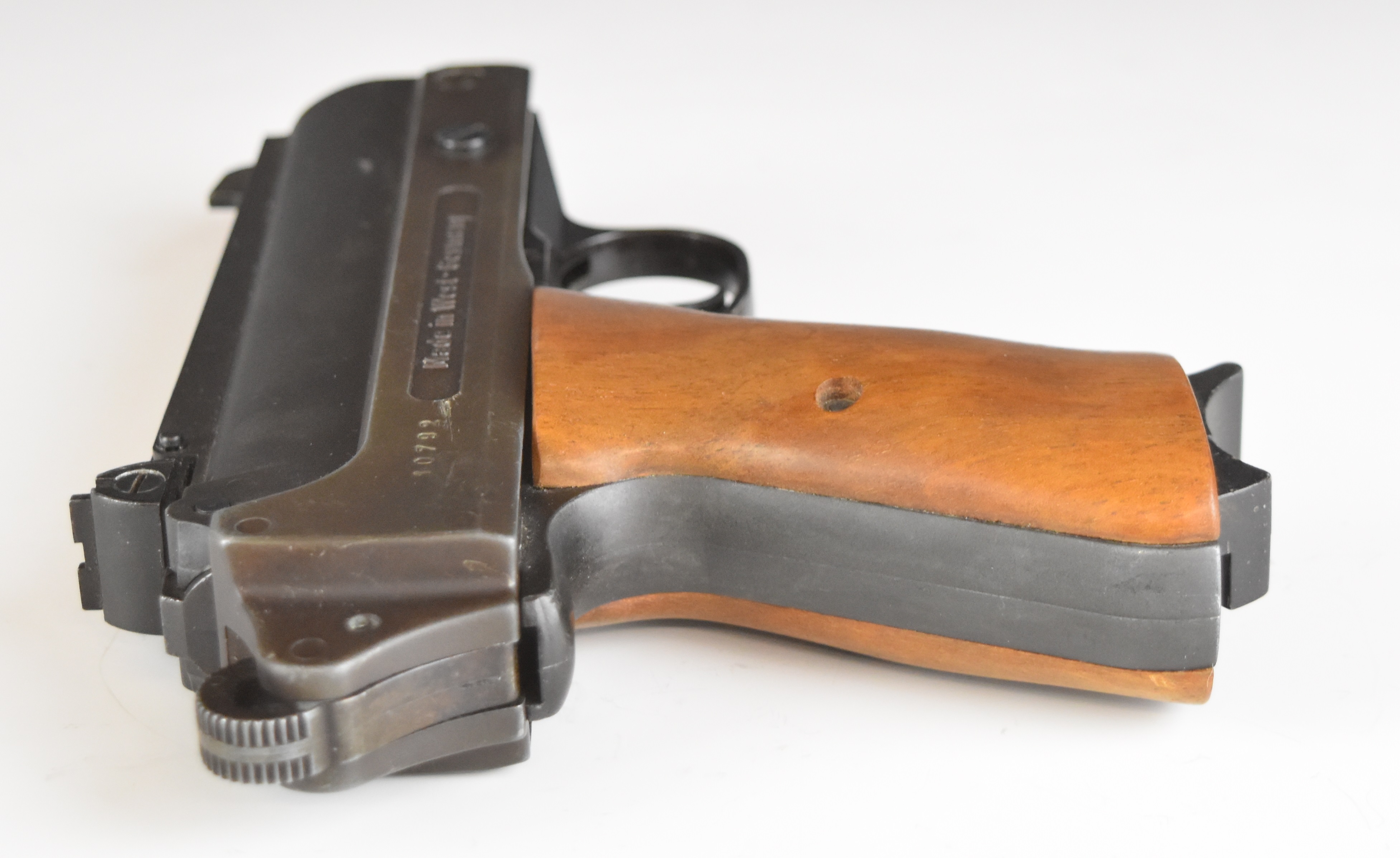 FB Record Jumbo .177 air pistol with shaped wooden grips and adjustable sights, serial number 10792. - Image 3 of 12