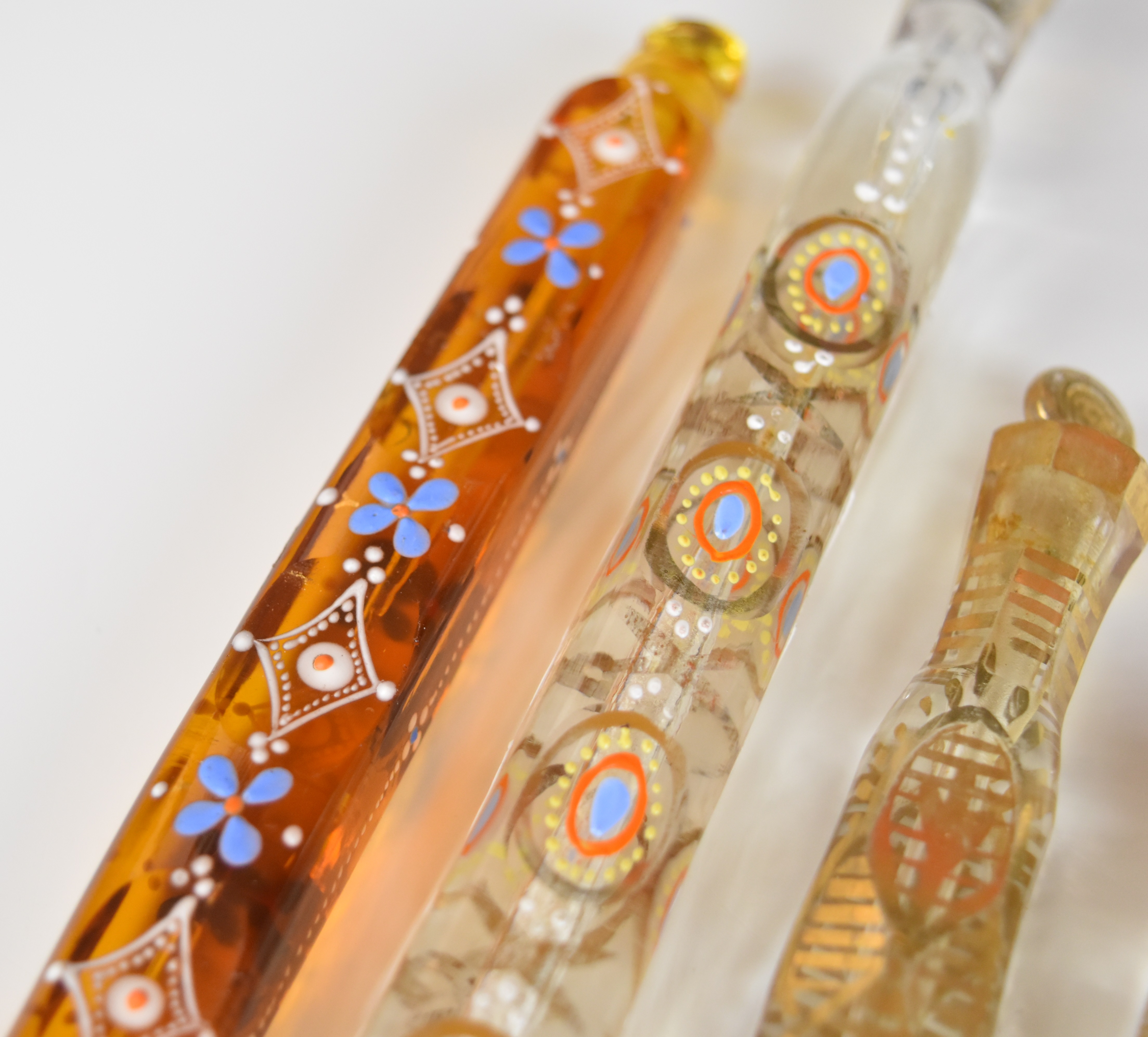 Four 19thC gilded, enamelled and jewelled glass scent / perfume bottles with stoppers, striped glass - Image 7 of 10