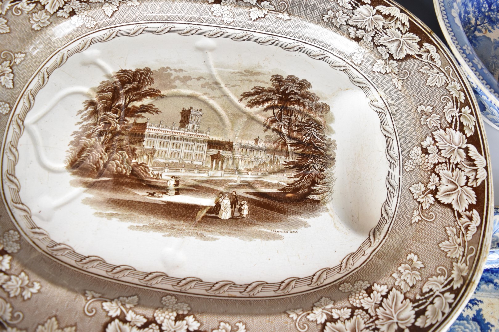 19thC transfer printed sepia meat platter the well decorated with Trentham Hall scene and a - Image 5 of 16