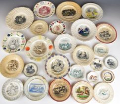 19thC nursery ware plates, mostly featuring dogs / children including The Pet, A Presant, Juvenile