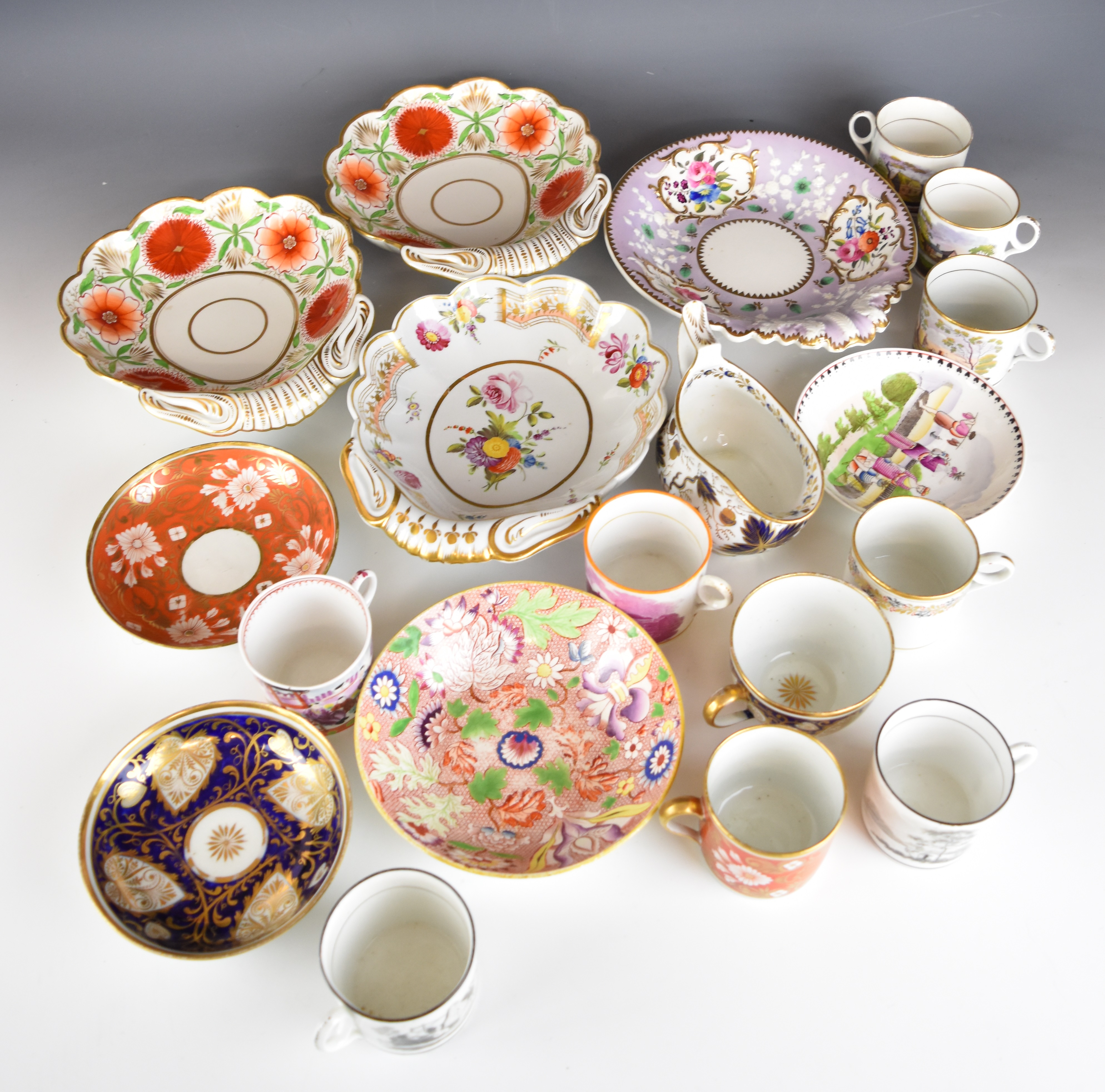 19thC porcelain saucers, dishes, coffee cans and cups including New Hall, Ridgway, bat print - Image 12 of 22