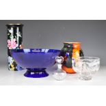 Bristol Blue pedestal glass bowl, Waterford Crystal scent bottle and bowl, Poole pottery vase and