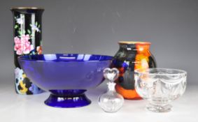 Bristol Blue pedestal glass bowl, Waterford Crystal scent bottle and bowl, Poole pottery vase and