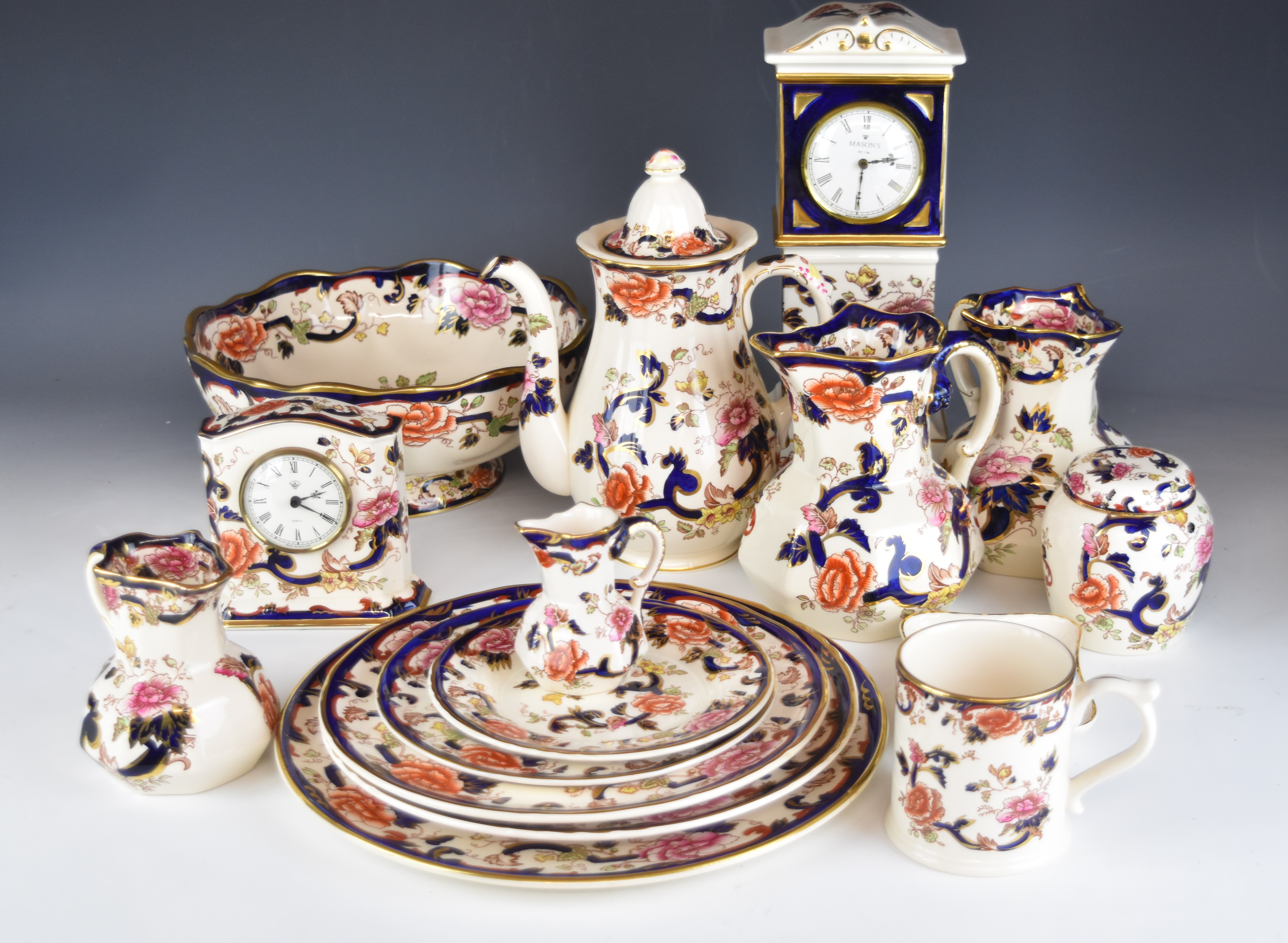 Masons decorative ceramics comprising longcase / grandfather clock, smaller clock, coffee pot,