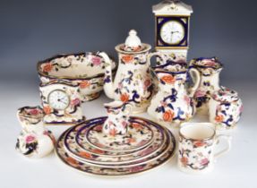 Masons decorative ceramics comprising longcase / grandfather clock, smaller clock, coffee pot,