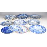 Collection of 19thC blue and white transfer printed ware, named scenes include Lambton Hall