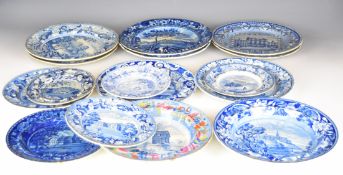 Collection of 19thC blue and white transfer printed ware, named scenes include Lambton Hall