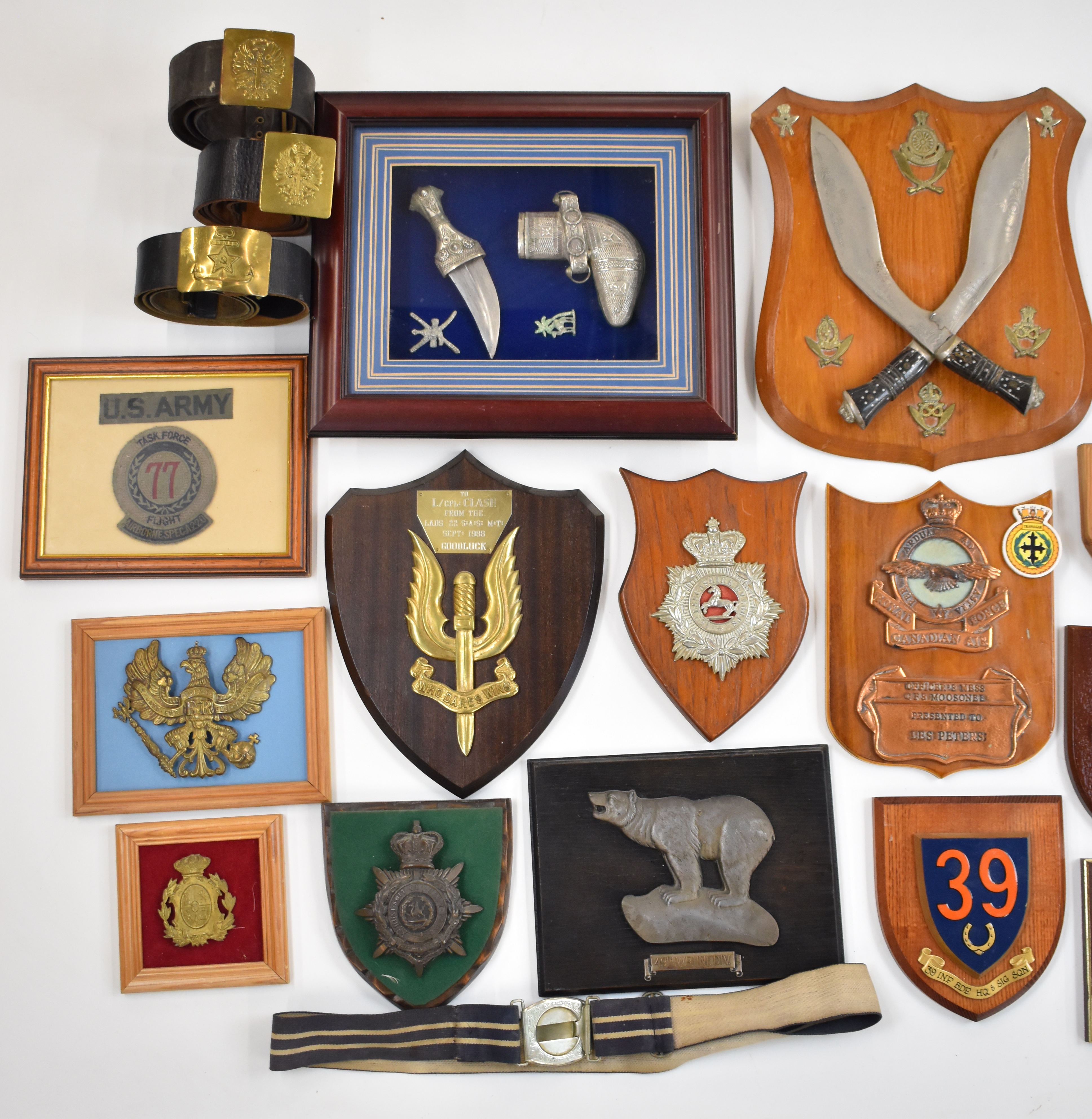 Militaria plaques, stable and leather belts, including 49th Infantry Division, 15th Lancashire R V - Image 2 of 3