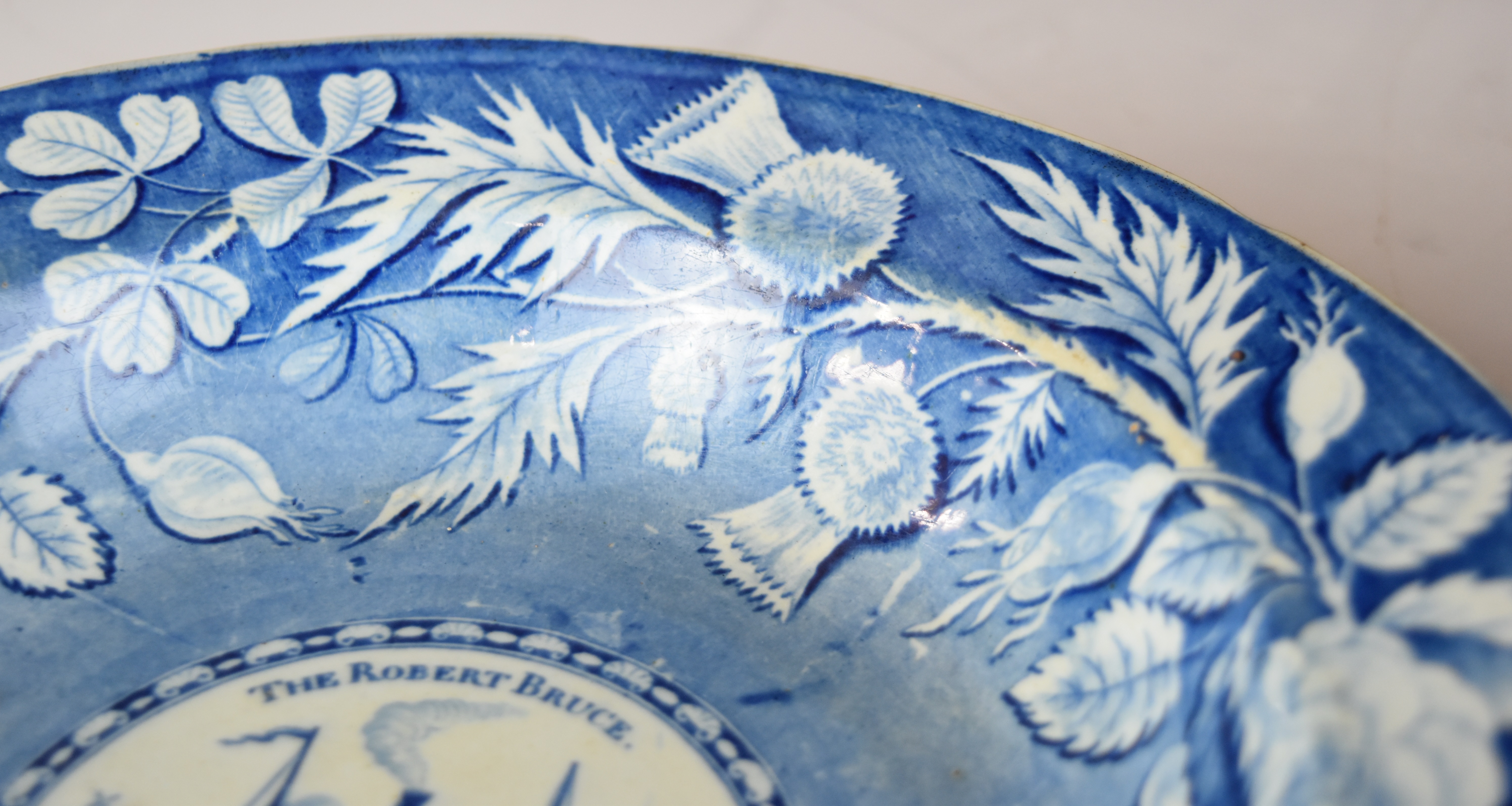 19thC blue and white pedestal bowl and dish entitled 'Bohemian Chatterer' and The Robert Bruce, - Image 9 of 12