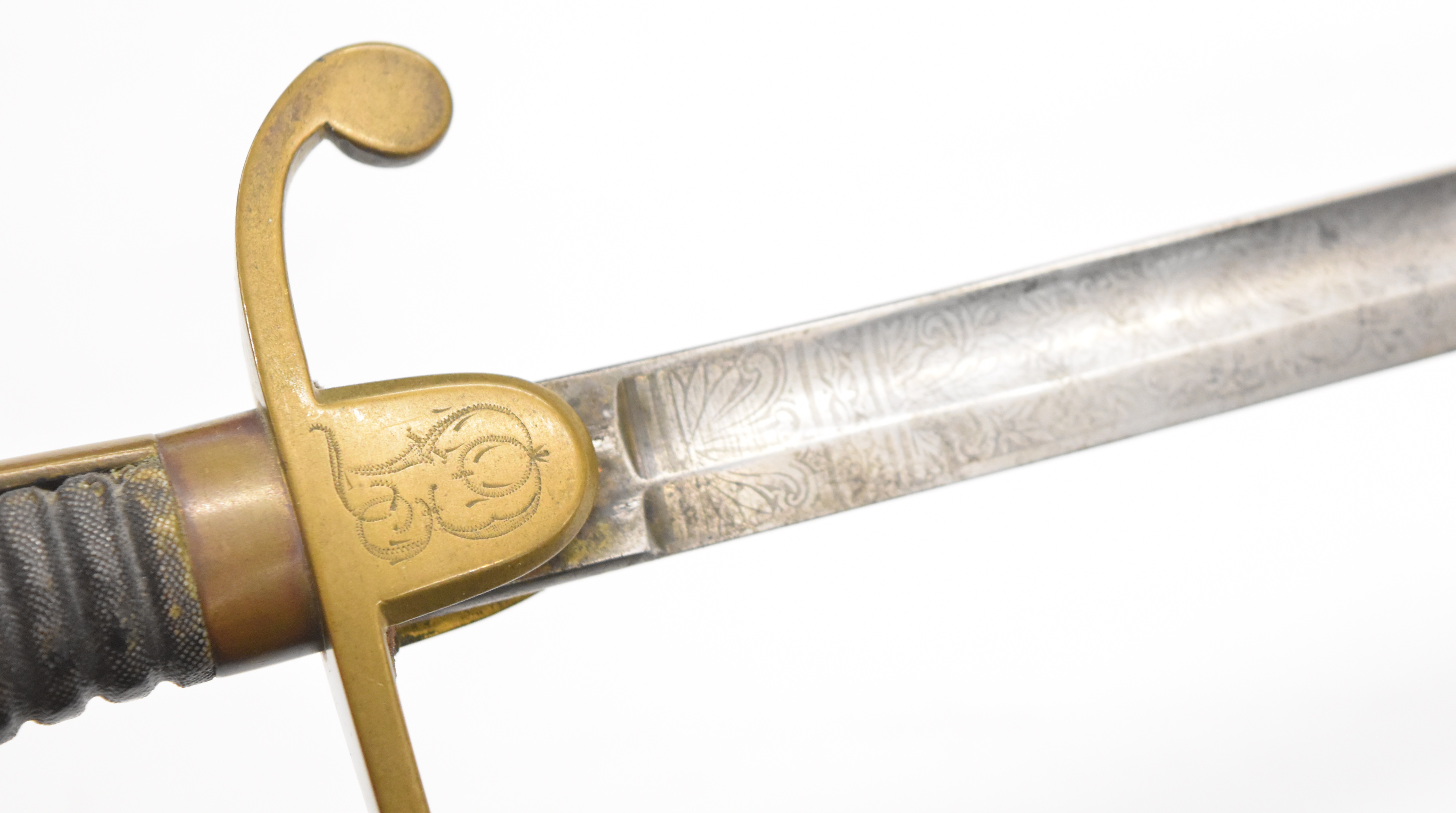 Prussian Artillery Officer's sword with stirrup hilt, shagreen grip, 80cm decorated blade and - Image 6 of 11