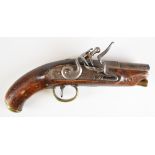 Barnett flintlock coat pistol with named lock, brass trigger guard and butt plate, brass tipped